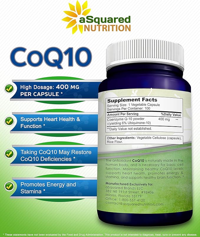 aSquared Nutrition CoQ10 (400mg Max Strength, 100 Veggie Q10 Powder Q-10 Enzyme 10 400 400 mg