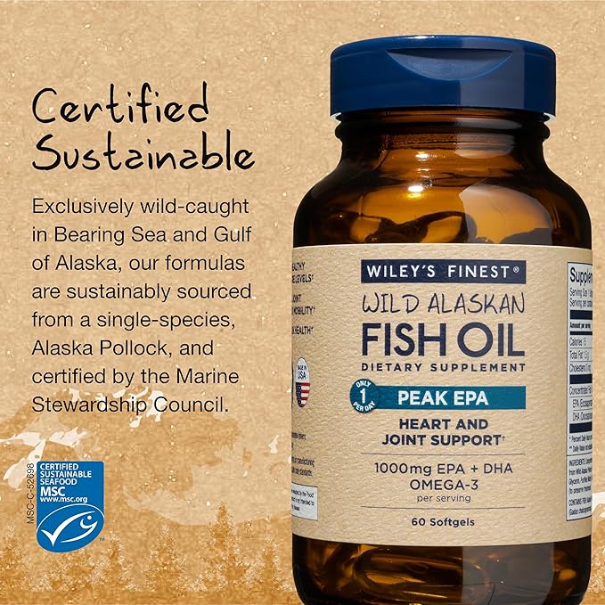 Wiley's Finest Wild Alaskan Fish Oil 1000mg Omega-3s, Omega-3s, SQF-Certified 60 Softgels (60 Servings)
