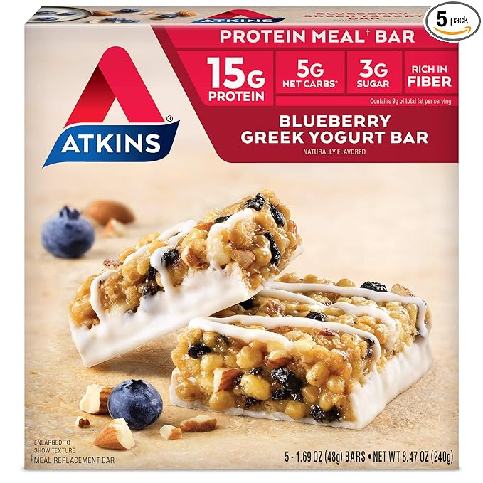 Atkins Blueberry Greek Yogurt Protein Meal Bar, High Fiber, 15g Protein, 3g Sugar, 5g Net Carbs, Meal Replacement, Keto Friendly, 5 Count