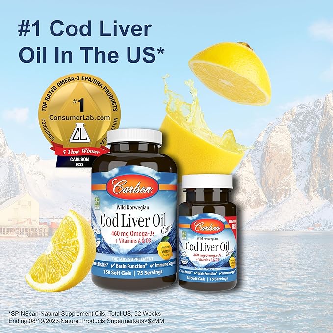Carlson - Cod Liver Oil Gems, 460 mg Omega-3s, plus D3, Wild 150 + 30 Softgels