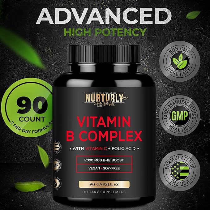 Vitamin B Complex with Vitamin C B1, B2, B2, B3, B3, B5, B5, B6, B6, B7, B7, B9, B9, B12 B12 and 90 Capsules