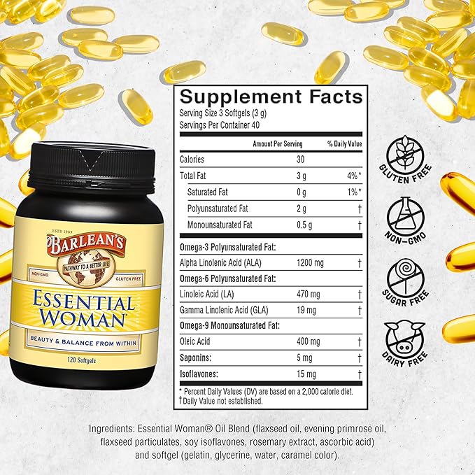 Barlean's Essential Woman Capsules, Hormonal Balance 3 6 6 9 9 and 120 Count