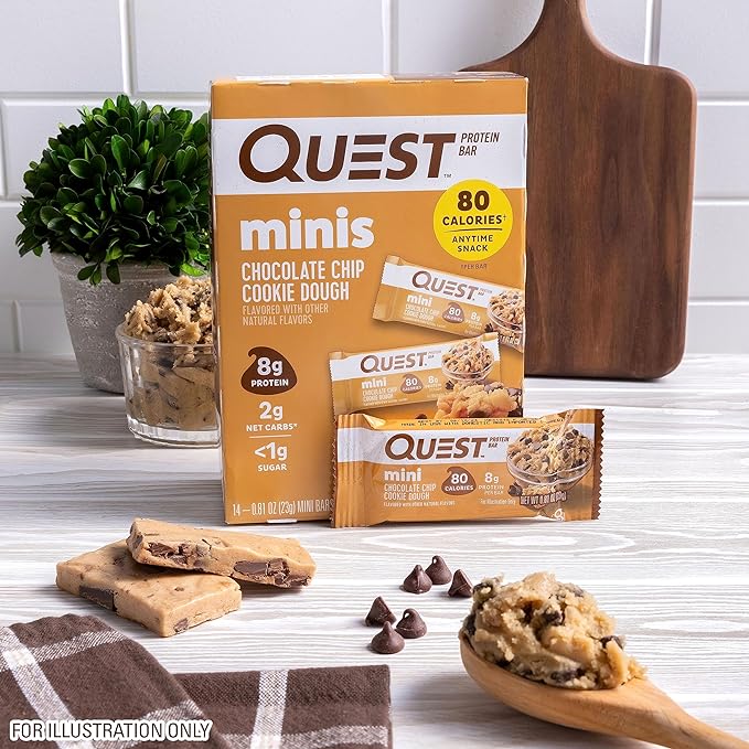 Quest Nutrition Mini Chocolate Chip Cookie Dough Protein Bars, 8g Protein, 1g Sugar, 2g Net Carbs, Gluten Free, 14 Count