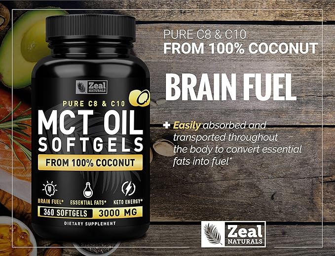 Pure MCT Oil Capsules (360 Softgels | 3000mg) 4 Month Supply Keto Pills w Unrefined Coconut - C10 & C8 Brain Fuel, Energy, Octane Ketosis