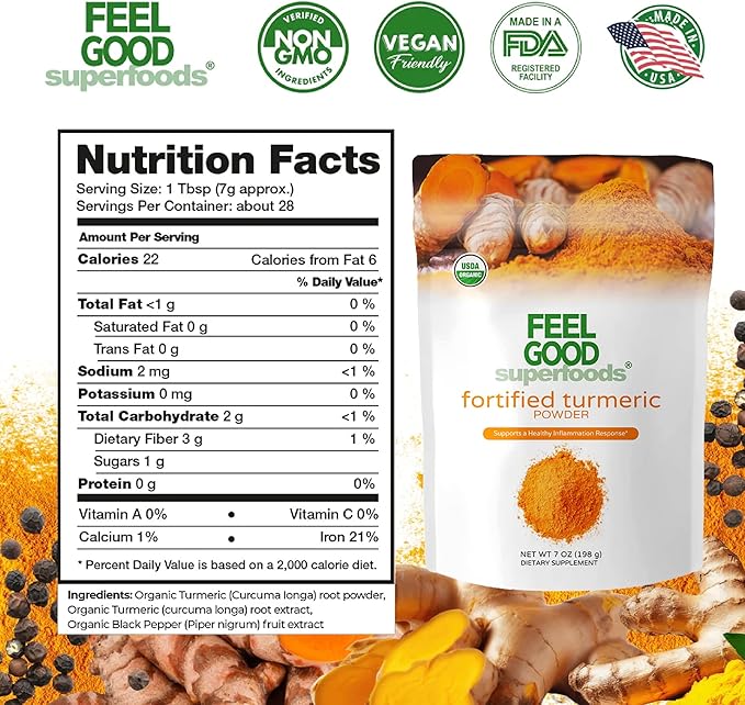 Feelgood Superfoods Fortified Turmeric Powder - Vegan Turmeric Supplement with Black Pepper Extract - Offers Cardiovascular, Joint, Digestive & Immune Support - 7 oz