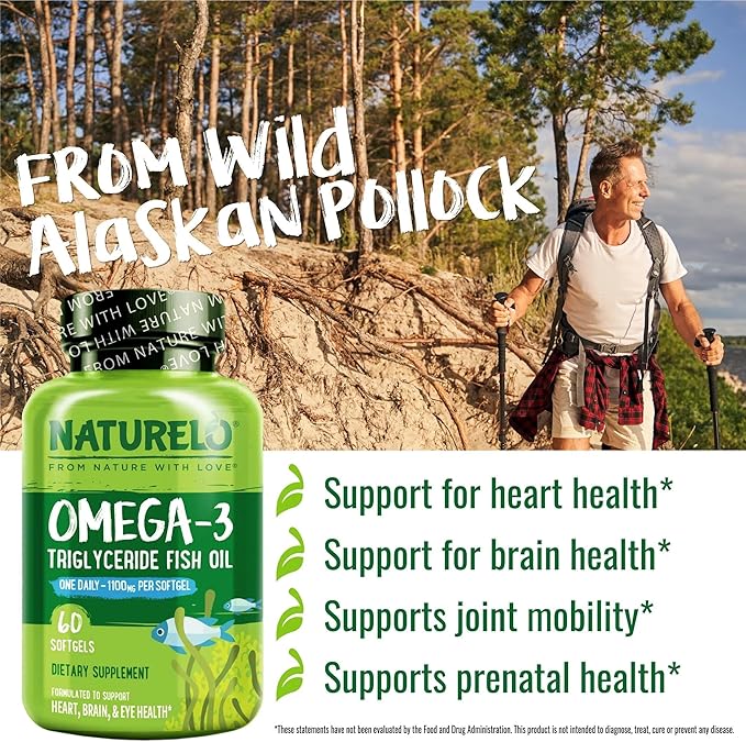 NATURELO Burpless Omega 3 Fish Oil Supplement 1100mg Triglyceride Omega-3, EPA 3 for 60 Softgels, 2 Months