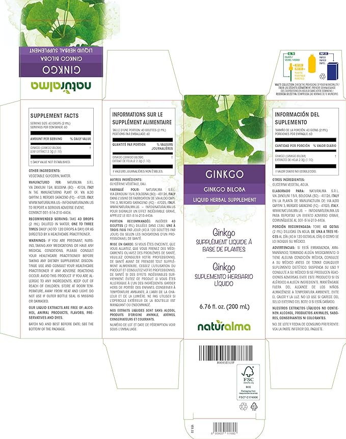 Naturalma Ginkgo (Ginkgo biloba) leaf Alcohol-free Tincture 6.76 fl