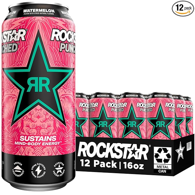 Rockstar Energy Drink Punched Watermelon, 16oz Cans (12 Pack) (Packaging May Vary)