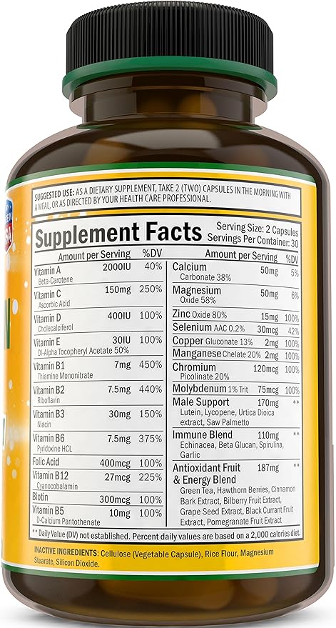 Men's Multivitamin Supplement for Energy, Focus B12, Zinc, 60 Capsules