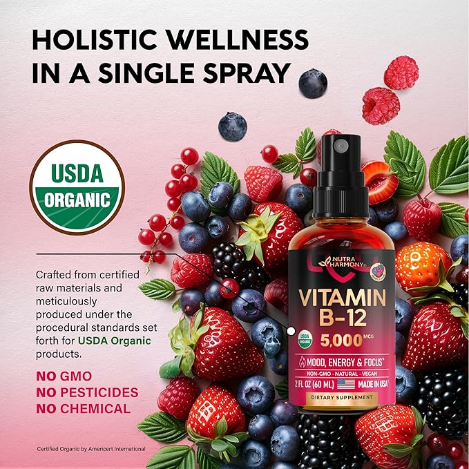 NUTRAHARMONY USDA Organic Vitamin B12 Spray - 5000 mcg Liquid Vegan Methylcobalamin for Women & Men - Energy Boost, Focus & Mood, Brain Health Support - Maximize Absorption - 2 Month Supply, 2 fl oz