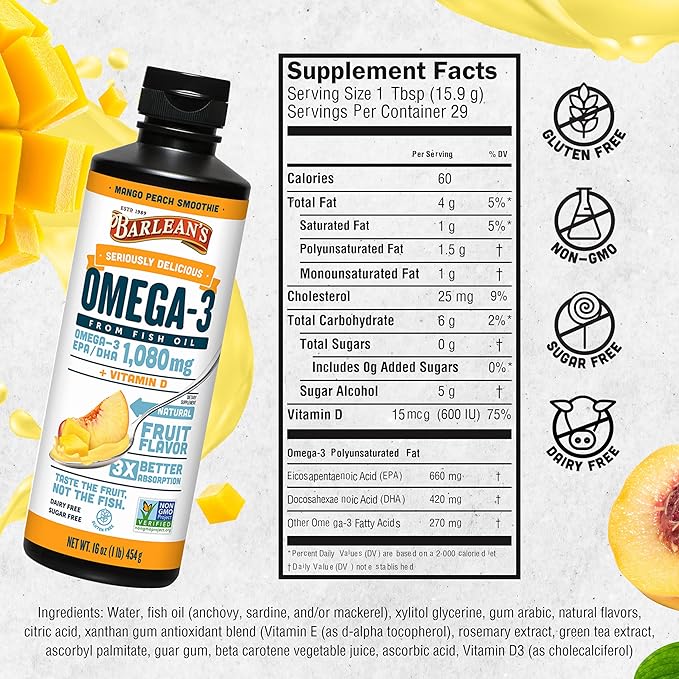 Barlean's Mango Peach Omega 3 Fish 1080mg EPA 16 oz