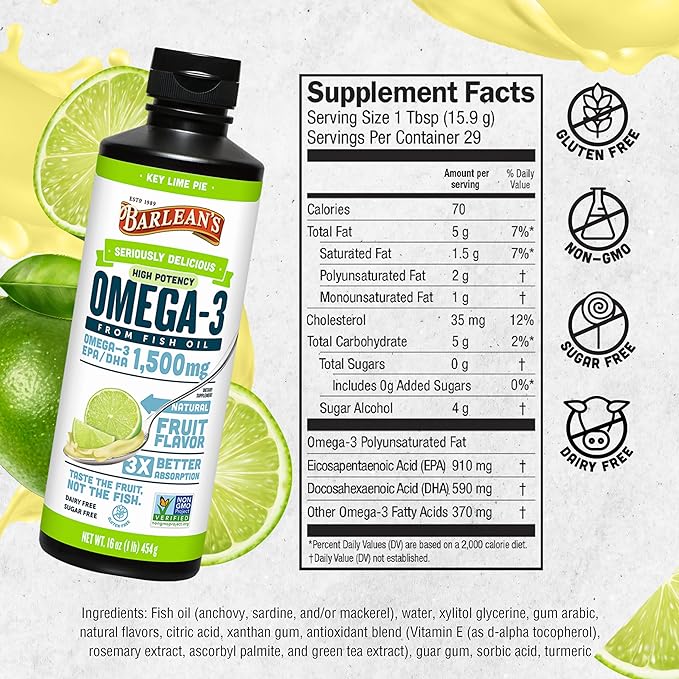 Barlean's Key Lime Pie High Potency 3 Fish 1500mg of 16 oz