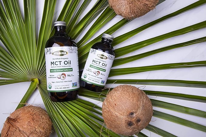 Flora Health MCT Oil Organic Energy Boost, C8 Caprylic & C10 Capric Acids, Keto, Kosher, Non-GMO Verified, 100% from Ethically and Sustainably Sourced Coconuts, 17 Fl Oz Liquid, Glass Bottle