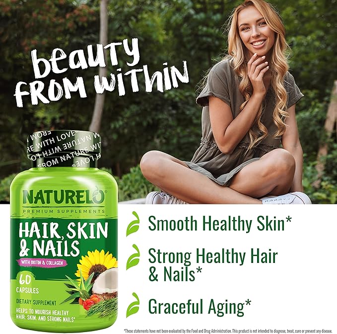 NATURELO Hair, Skin and Nails Vitamins 5000 mcg 60 Capsules