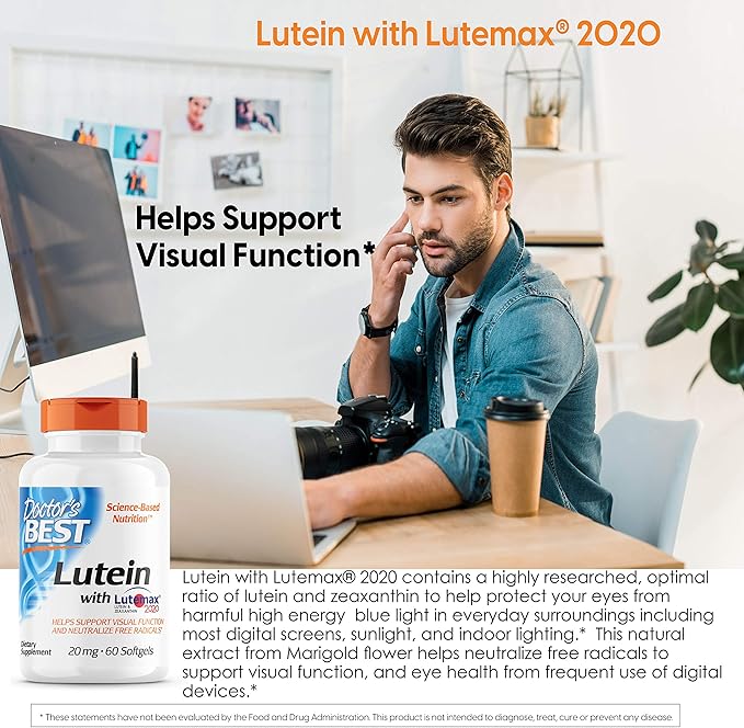Doctor's Best Lutein featuring Lutemax, Non-GMO, 20 mg, 60 Softgels