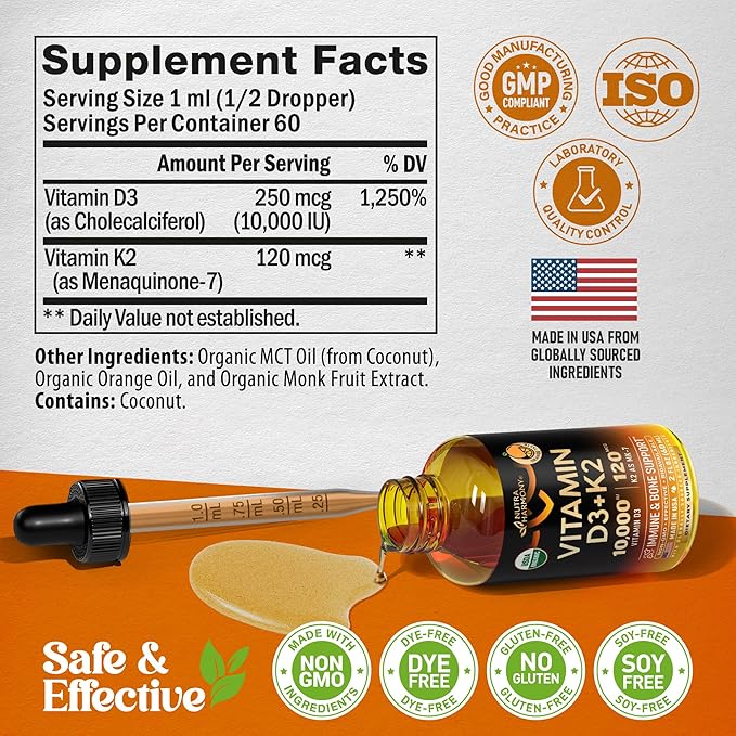 Vitamin D3 K2 USDA Organic Drops - Vitamin D3 10000 IU & K2 as MK-7 120mcg - Immune & Mood Support, Bone & Teeth Health - Sugar-Free Orange Flavor - Liquid Supplement - Made in USA - 2 FL OZ, 60 Days