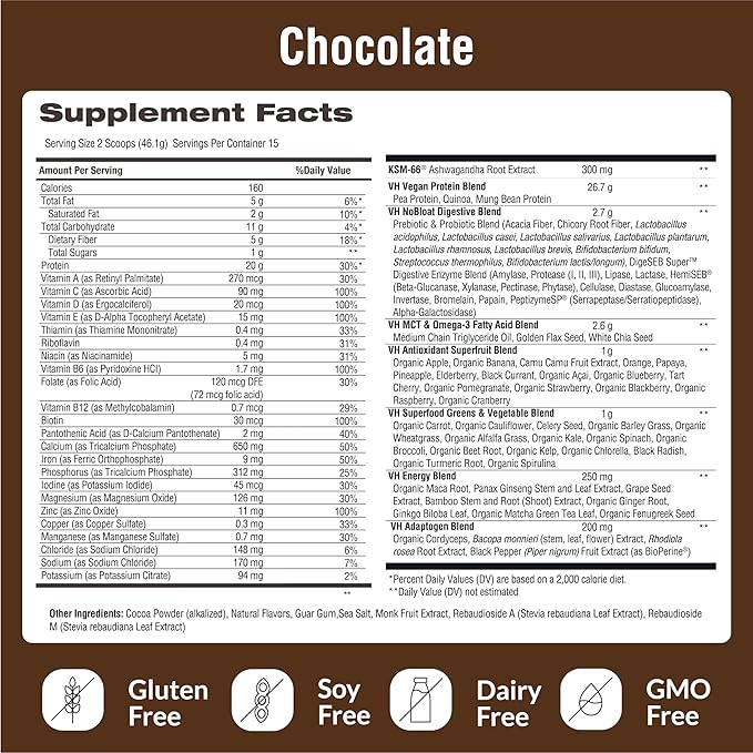 VitaHustle ONE Superfood Protein All-in-One Nutrition Shake, 20g Chocolate Plant Protein, 86 Superfoods, Vitamins, & Minerals, Ashwagandha, Adaptogens, Meal Replacement, 15 Servings