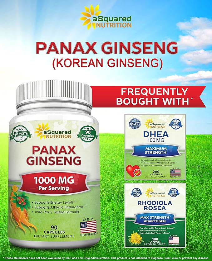 aSquared Nutrition Natural Korean Panax Ginseng (1000mg Max Strength)-90 Capsules