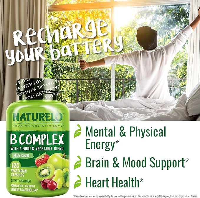 NATURELO Vitamin B Complex with Methyl B12, Methyl B6, Biotin CoQ10, and 120 Capsules