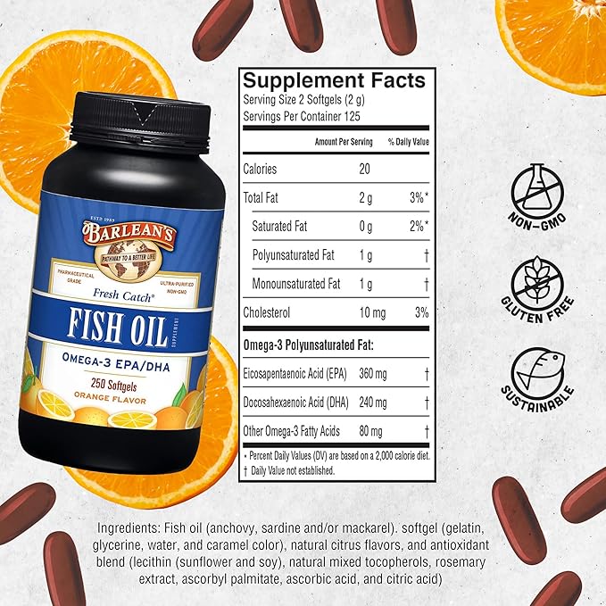 Barlean's Omega 3 Fish Oil Supplements, 600mg Fish 250 Count