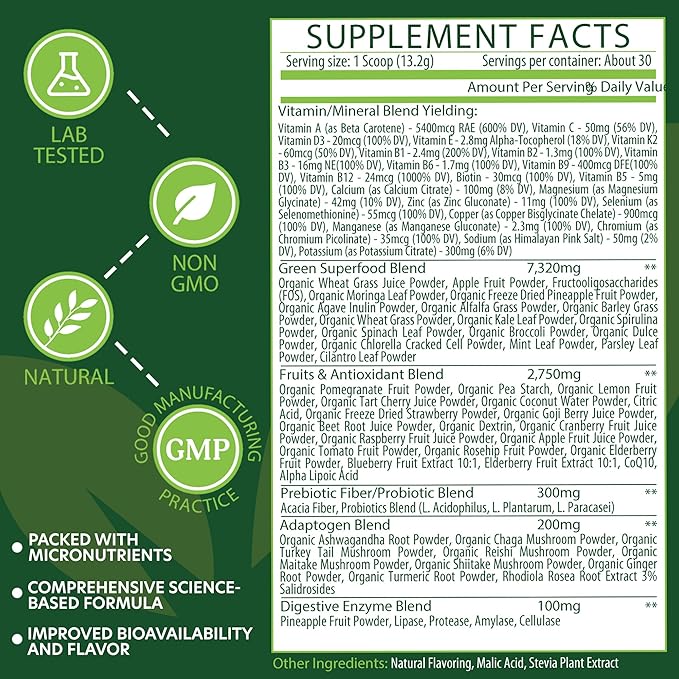 Greens Superfood Powder - Super Greens Powder for Immunity, Energy, Digestive and Liver Health - Fruits and Vegetables Supplements Packed with Vitamins and Minerals - Supergreens 396g