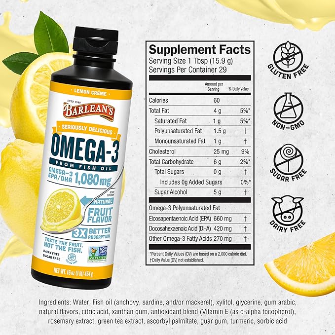 Barlean's Lemon Crème Omega 3 Fish 1080mg of 3 EPA 16 oz