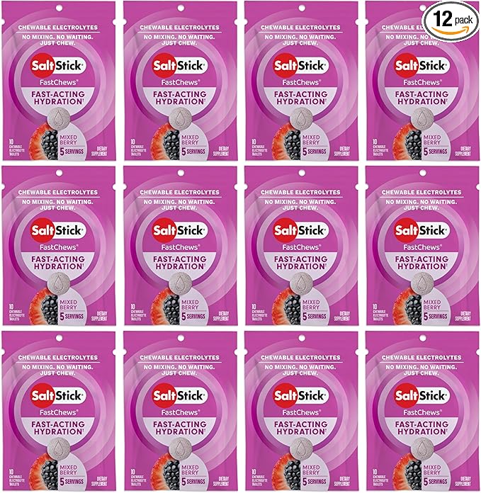 SaltStick Electrolyte FastChews Chewable Tablets | 120 Count - Mixed Berry | Salt Tablets for Runners, Sports Nutrition, Hydration Tablets, Electrolyte Chews | 12 Packets of 10 Tablets Each