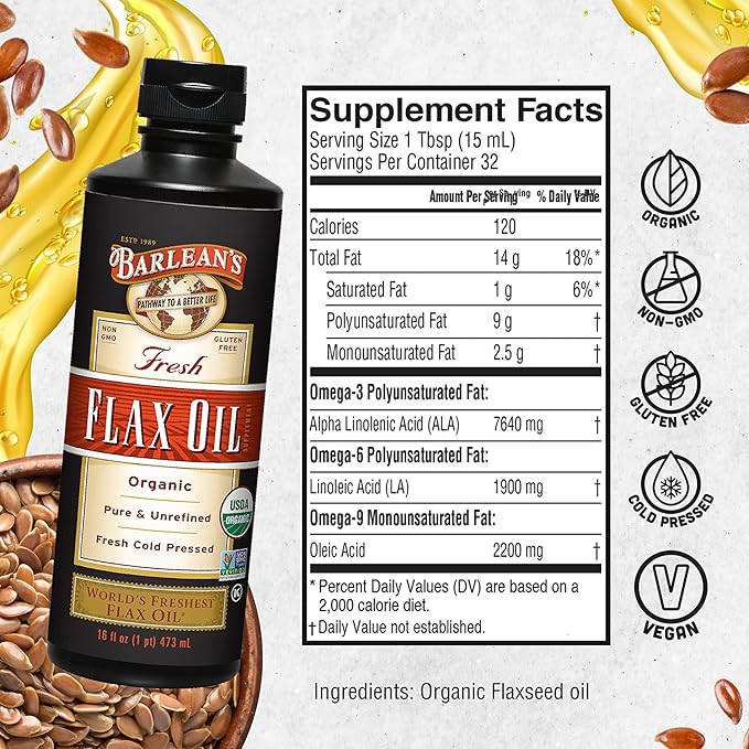 Barlean's Organic Flaxseed Oil Liquid from 7,640mg ALA 3 Fatty 16 oz