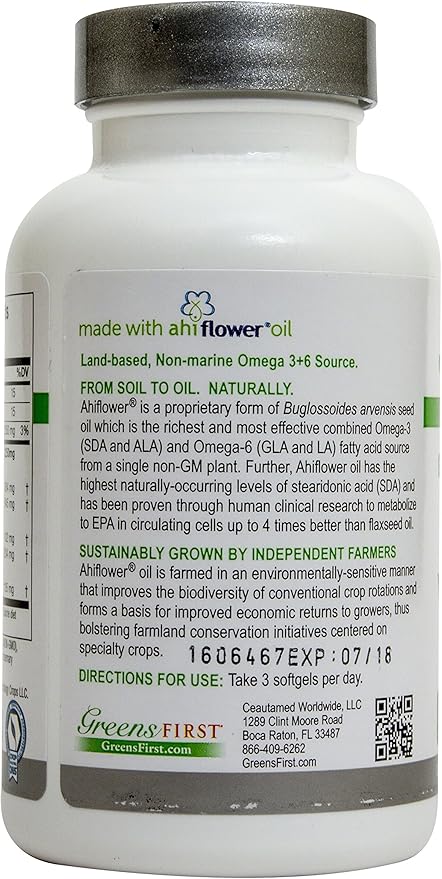 Greens First PRO Ahiflower Oil Vegan Omega-3-2250 mg - Contains Omega-3 Stearidonic Acid SDA - Gamma Linolenic Acid GLA - No Soy or Corn Oil - Non-GMO - 30 Day Supply