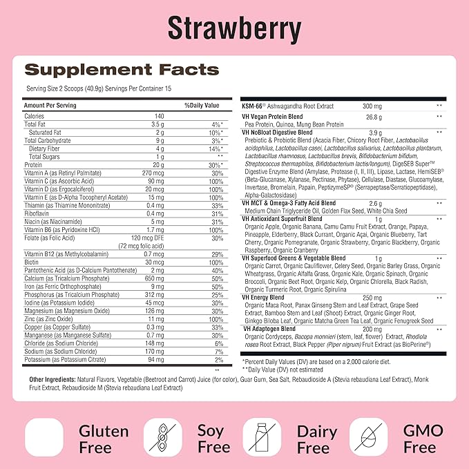 VitaHustle ONE - Superfood Meal Replacement Powder, Plant Based Protein Shake Powder, Vegan. 86 Superfoods, Vitamins, & Minerals, Ashwagandha, Adaptogens. Founded by Kevin Hart. (Strawberry 2-Pack)