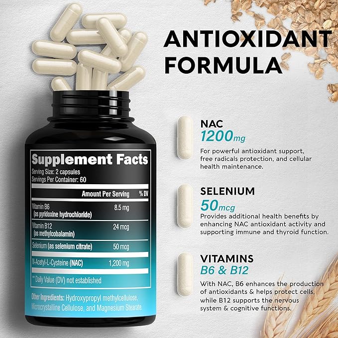 NAC Supplement | Selenium | B6 B12 - 600 mg 1200 mg 2 Month