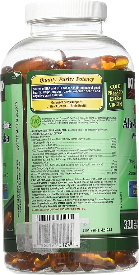 Kirkland Signature 100% Wild Alaskan Salmon 90 EPA 110 DHA 1200mg - 320 Enteric