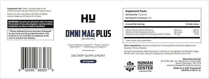 HU-Omni MAG Plus D3+K2+Mg: Vitamin D Supplement D3 5,000 5,000 IU, K2 120 120 mcg(MK7), mcg(MK7), MG 75mg - 120 Capsules