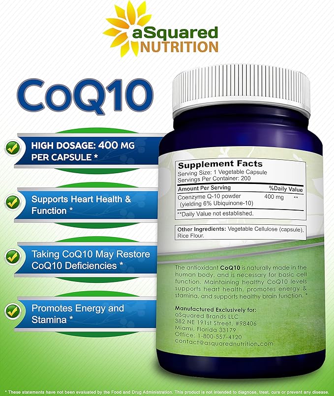 aSquared Nutrition CoQ10 (400mg Max Strength, 200 Capsules) Q10 Powder Q-10 Enzyme 10 400 400 mg