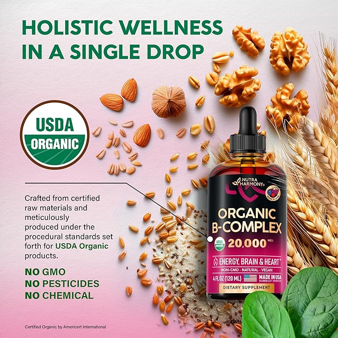 USDA Organic Vitamin B-Complex B5 Pantothenic Acid B12 Methylcobalamin B1 Thiamine B6 Pyridoxine B7 Biotin B9 Folic B3 Niacinamide 4fl oz