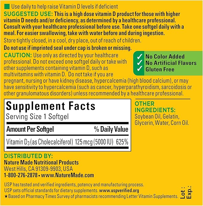 Nature Made Extra Strength Vitamin D3 5000 IU (125 mcg), 180 Softgels, 180 Day