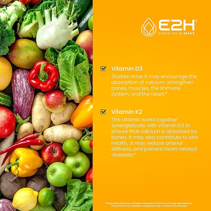 E2H Vitamins D3 & K2 Supplement for Immune Support - Liquid Vitamin D3 5000 IU - Made in The USA - Non-GMO, Vegan - 120 Servings