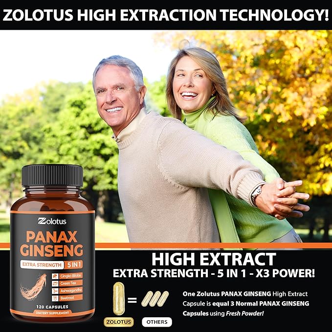 Zolotus Korean Red Panax Ginseng + Ginkgo Biloba, Ashwagandha, Beetroot, Green Tea - Support Strength, Stamina, Energy Production & Mood Balance - 120 Capsules