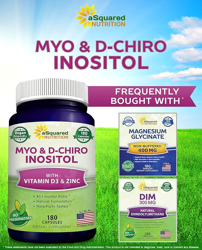 aSquared Nutrition Myo-Inositol & D-Chiro Inositol Supplement 180 Capsules D3 and 40 to 1 Ratio B8 Complex
