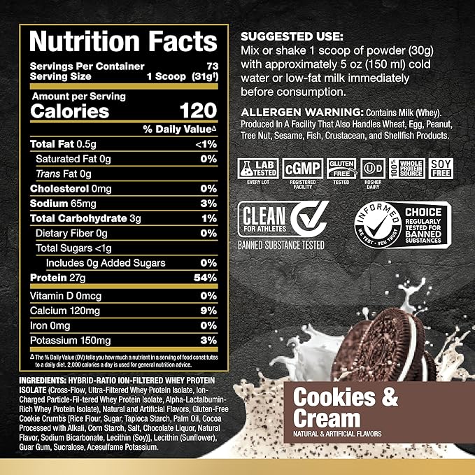 ALLMAX Nutrition - ISOFLEX Whey Protein Powder, Whey Protein Isolate, 27g Protein, Cookies & Cream, 5 Pound