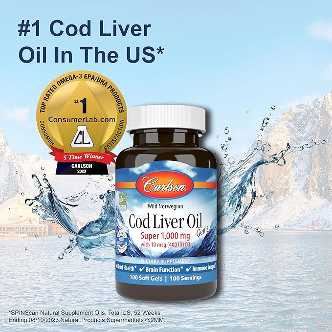 Carlson - Cod Liver Oil, Super 1000 mg D3, Wild 100 Softgels