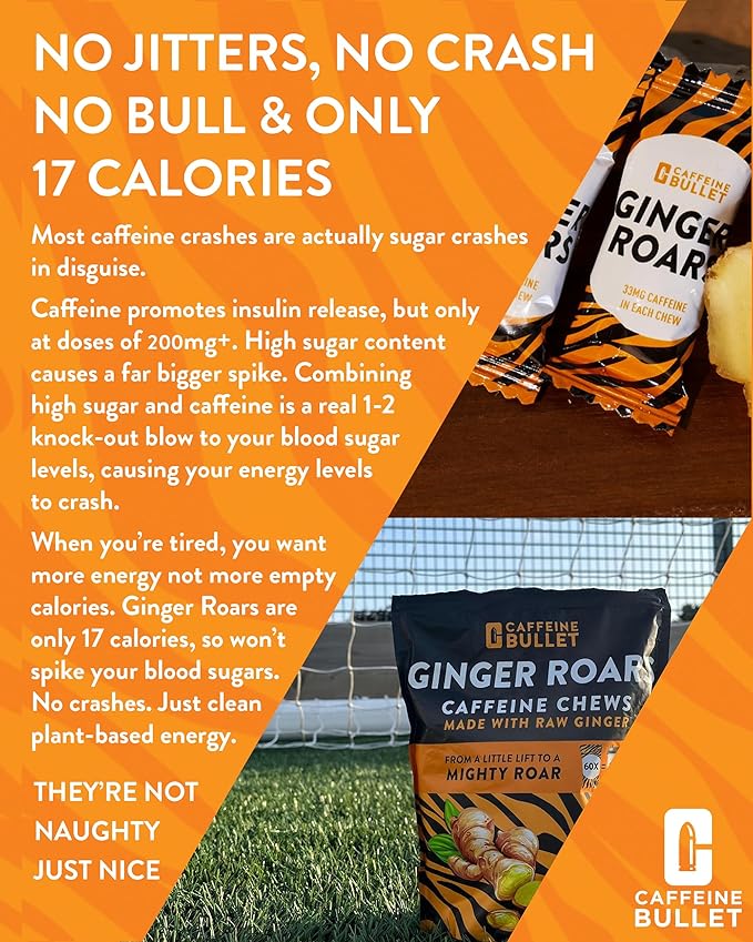Ginger Roars - 60 Energy Gummies - Vegan Caffeine Chews Each 33mg, Made with a Tasty, Natural Fiery Kick for Improved Running, Cycling, Preworkout & Focus.
