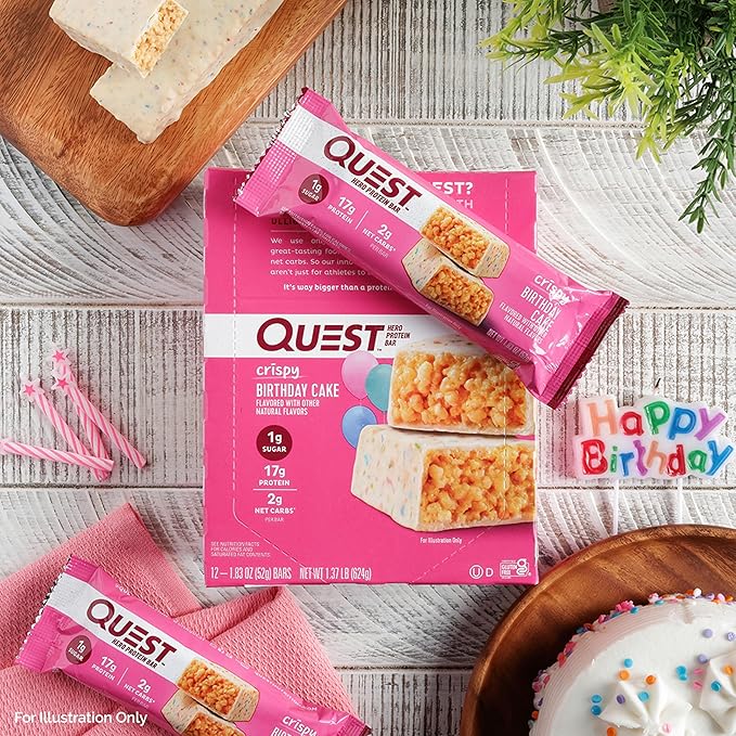 Quest Nutrition Crispy Birthday Cake Hero Protein Bar, 17g Protein, 1g Sugar, 2g Net Carbs, Gluten Free Protein Snack, Keto Friendly, 12 Count