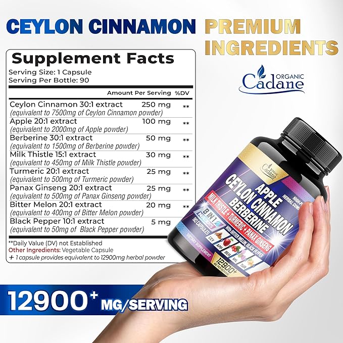Organic Cadane Ceylon Cinnamon 7500mg Berberine 1500mg Apple 2000mg - 90 Vegan 8 Herbs 3 Month