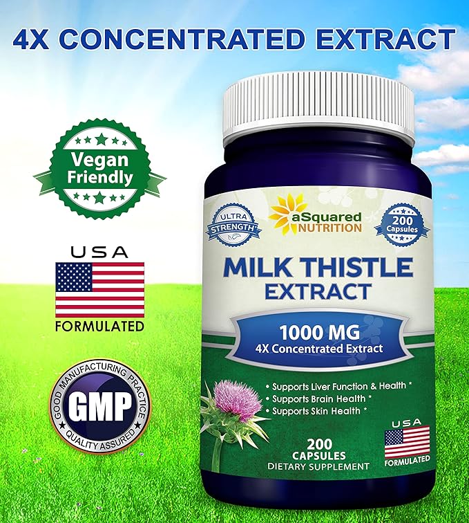 aSquared Nutrition Milk Thistle Supplement 1000mg-200 4X Concentrated 4:1 Milk 1000 mg