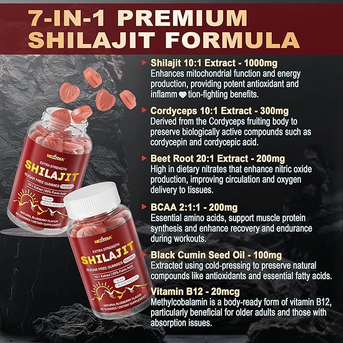 10,000mg Shilajit Gummies for Men & Women - Shilajit Pure Himalayan with Organic Beet Root, BCAA, Cordyceps Mushroom - 60% Fulvic Acid & 85+Trace Minerals Support Energy, Muscle, Immune & Brain, 1Pack
