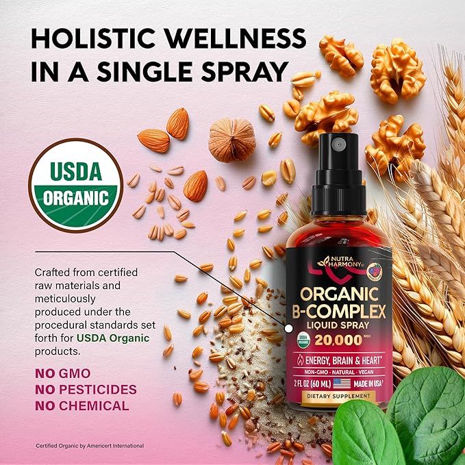 USDA Organic Vitamin B-Complex Liquid Spray 8-in-1 B5 Pantothenic B12 Methylcobalamin B1 Thiamine B6 Pyridoxine B7 Biotin B9 Folic B3 Niacinamide 2fl oz