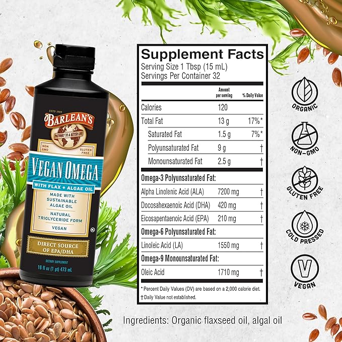 Barlean's Vegan Omega Liquid Flax and 3 6 6 and 9 Fatty 16 Ounces