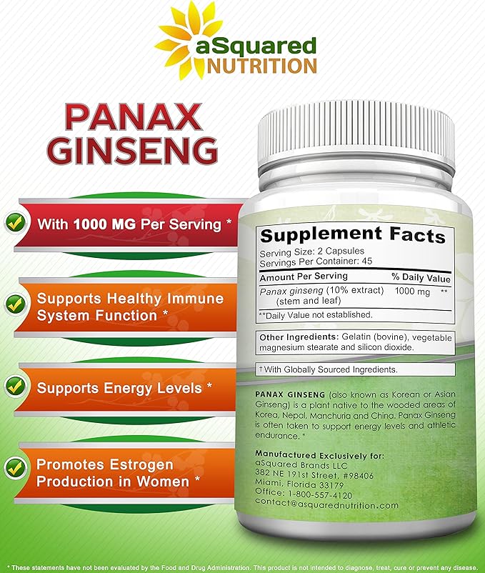 aSquared Nutrition Natural Korean Panax Ginseng (1000mg Max Strength)-90 Capsules