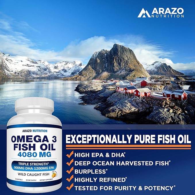 Arazo Nutrition Wild Caught Omega 3 90 Soft 4,080mg High 1200mg DHA 900mg Lemon